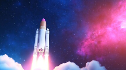 Space shuttle rocket launch into vibrant cosmic scene