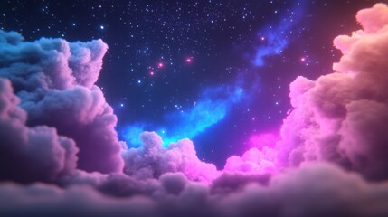 Obraz premium Dreamy sky with starry night and fluffy clouds in pink purple and blue colors