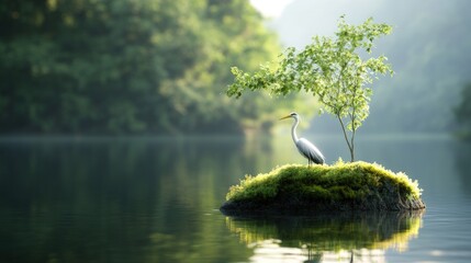 Heron standing beside tree on island in lake nature landscape