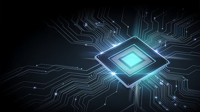An abstract blue background with a tech circuit board design illustrates a digital pattern of electronic communication and microchip engineering