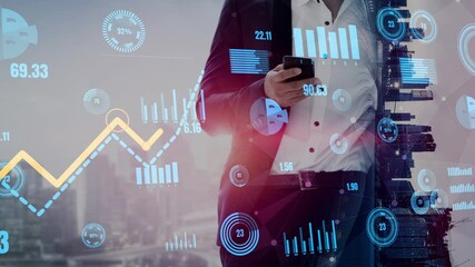 A business professional uses a smartphone to analyze stock market trends, surrounded by digital graphs and data, illustrating modern finance and technology integration. Xenic - Powered by Adobe