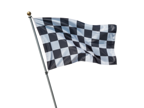 Waving Checkered Racing Flag on Pole Isolated
