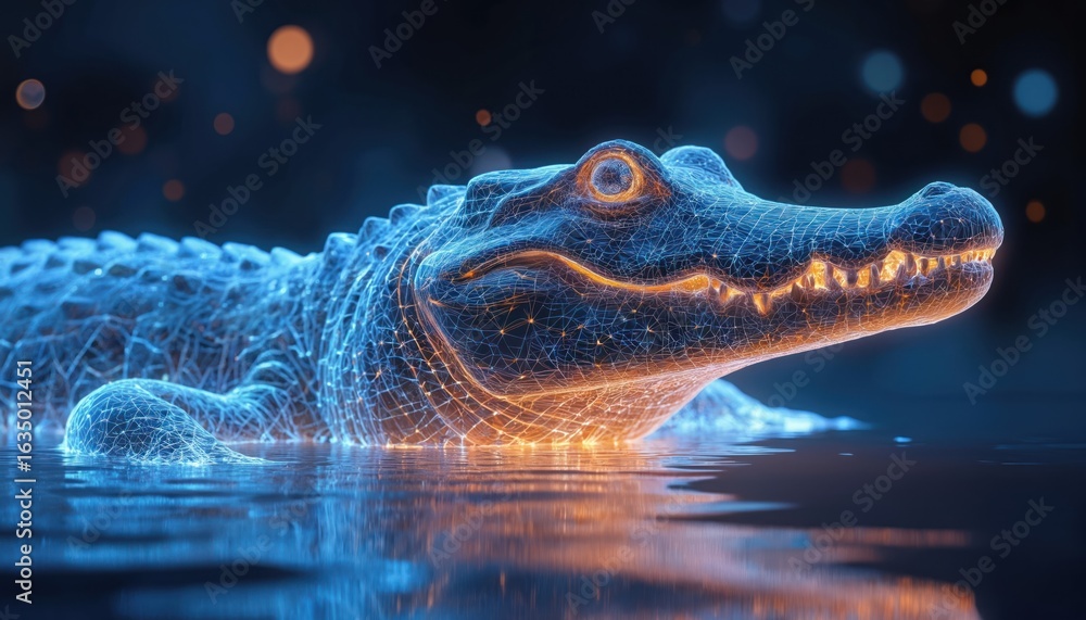 Poster wireframe alligator reptile model emerges from water. digital, three-dimensional rendering art with 