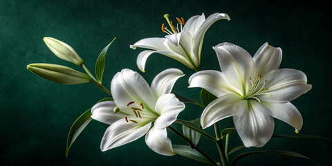 White lilies on a dark green background
