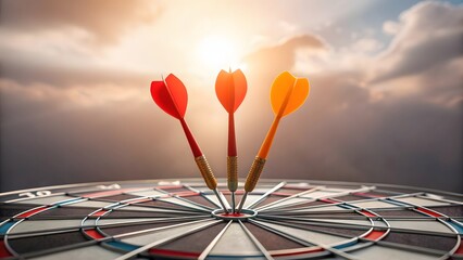 Fototapeta premium Three darts hit the bullseye on a dartboard, symbolizing success and precision in a game or competition