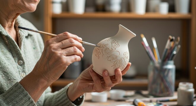 Elderly Artist Painting Floral Design on Ceramic Vase, Close-Up View.