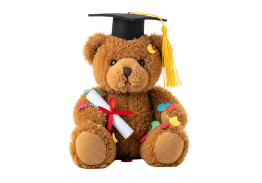 Brown teddy bear wearing graduation cap and holding diploma with confetti around