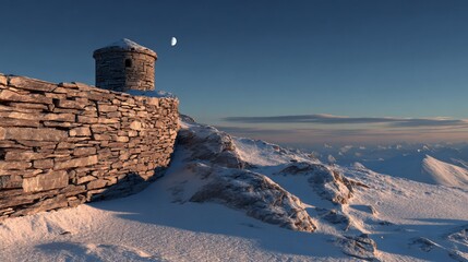 Stone tower atop snowy mountain, under moon