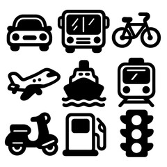 Set of 9 solid black vehicle icons including bicycle, scooter and ship. Clean filled vector, thick lines, transparent background