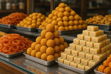 A colorful display of popular traditional sweets, showcasing an array of shapes and textures, presented in tiers, inviting viewers to indulge in delightful treats.