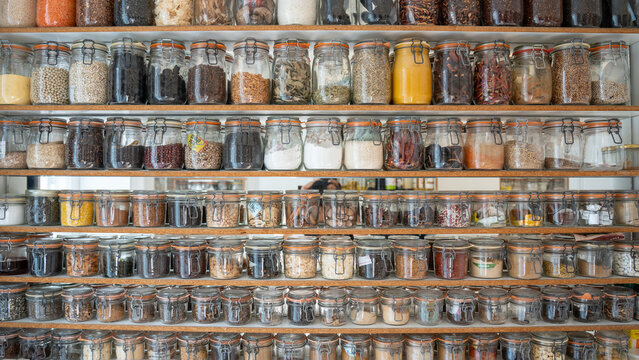 Spice jar shelf pantry kitchen food ingredient storage organization collection herb flavor cooking shop market variety background texture color pattern