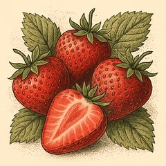 Hand-drawn strawberries sketch with rich detail and vibrant red tones