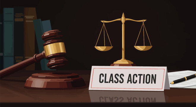 A visual representation of class action lawsuit, emphasizing legal concepts and judicial balance