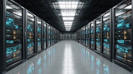 Modern data center interior with glowing server racks and futuristic lights in a secure server environment