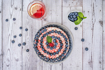 Red Velvet Chocolate Cake: alternating layers of red sponge and brownie, with blueberry and...