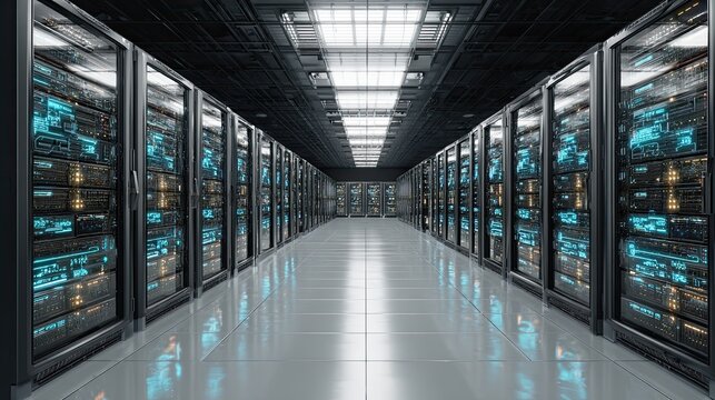 Modern data center interior with glowing server racks and futuristic lights in a secure server environment