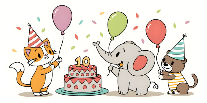 Cute cartoon cat elephant and bear celebrating a birthday with a cake and balloons image