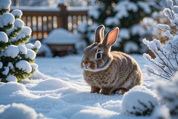 Enchanting Winter Wonderland Featuring Adorable Rabbit in Snow Covered Garden