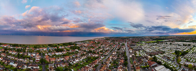 Coastal panorama of the town of Skegness on the Lincolnshire coast with looming storm clouds over...