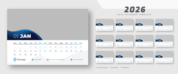 Desk calendar 2026 template | corporate desk calendar schedule 2026 monthly 12-page planner layout | week starts on Monday