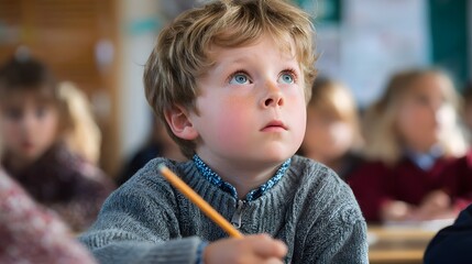 Young boy in classroom holding pencil looking up with other students blurred.