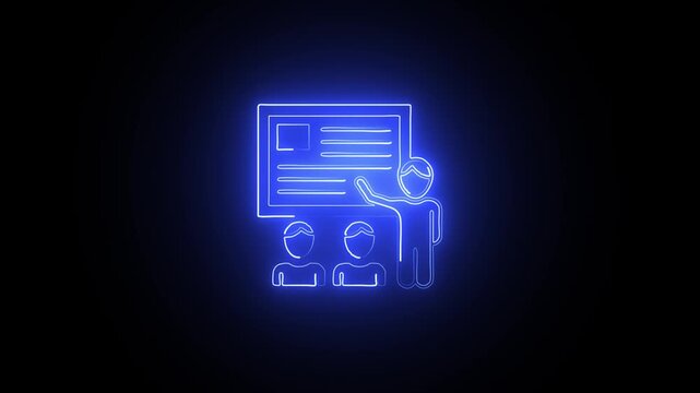 Cyber Glow E-Learning and Training Icon. Animated blue Neon Training Module Symbol. blue Neon Glowing Presentation Board Icon on Dark Background. blue Neon Light Presentation Panel Icon for UI.