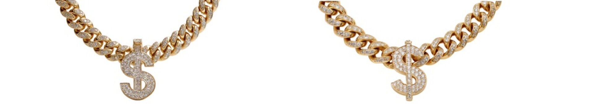 Gold chain necklace with diamond dollar sign pendant isolated on transparent background