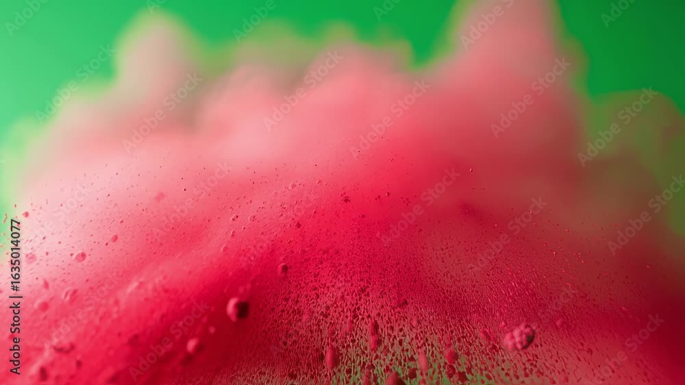 Poster sudden dispersal of powder particles creating abstract shapes over a green key surface.
