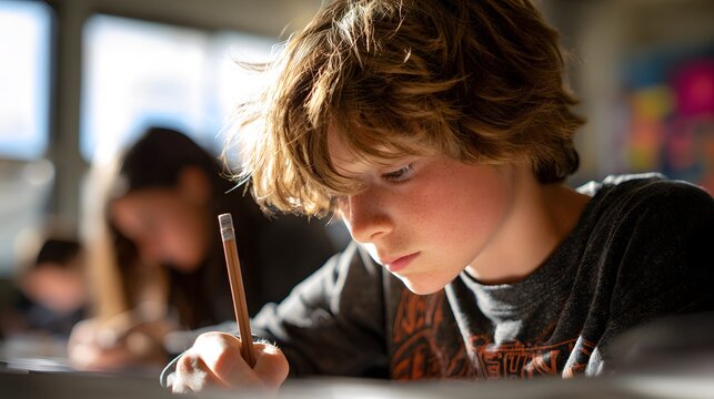 Boy concentrating while writing with a pencil in a classroom setting.