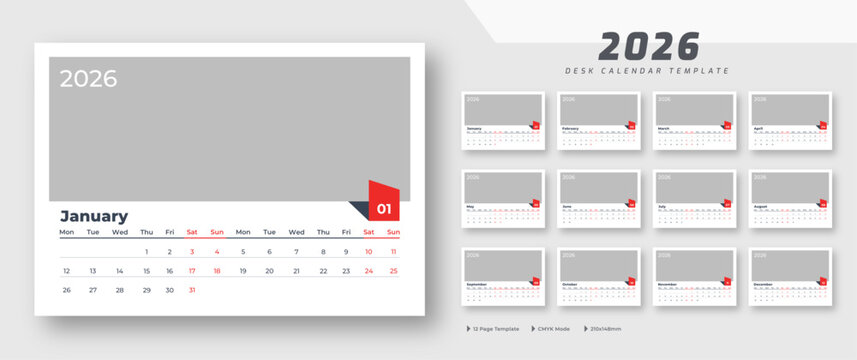 Desk calendar 2026 template | corporate desk calendar schedule 2026 monthly 12-page planner layout | week starts on Monday