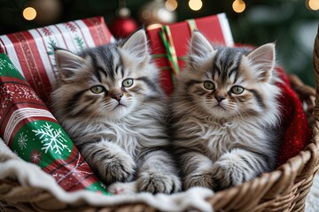 Adorable Persian Kittens Snuggled in a Cozy Basket Surrounded by Festive Wrapping