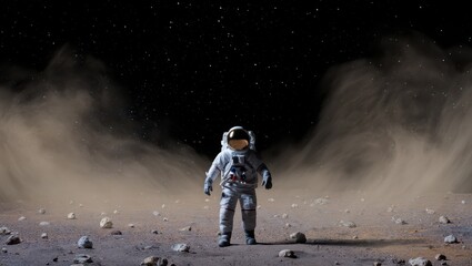 Naklejka premium Astronaut standing on a dusty planet surface under a starry sky