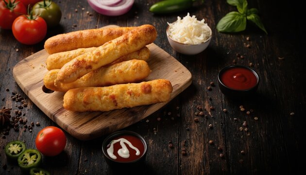 Golden brown corn dogs served with ketchup, mustard dipping sauces on rustic wooden table. Fresh tomatoes, jalapenos, shredded cheese complement savory snack. Perfect for casual dining, parties,