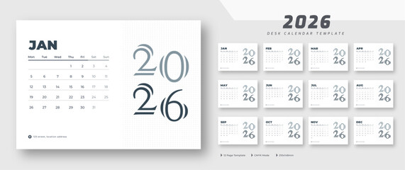 Desk calendar 2026 template | corporate desk calendar schedule 2026 monthly 12-page planner layout | week starts on Monday