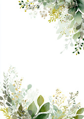 Green, floral watercolor frame features leaf textures and soft lighting. Ideal for invitations, social media, and branding.