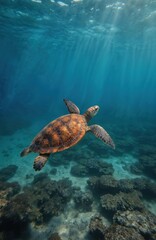 Fototapeta premium Sea turtle glides through clear blue ocean waters near coral reef. Sunlight streams from surface illuminating marine life, creating peaceful underwater scene. Reptile swims gracefully, shell pattern,