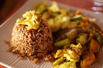 Traditional garifuna rice and beans served in Livingston, Izabal, Guatemala