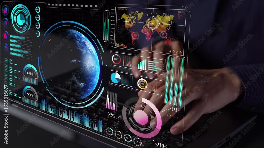 Poster high-tech global network connection interface showing worldwide digital communication, data exchange