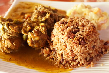 Traditional garifuna rice and beans served in Livingston, Izabal, Guatemala