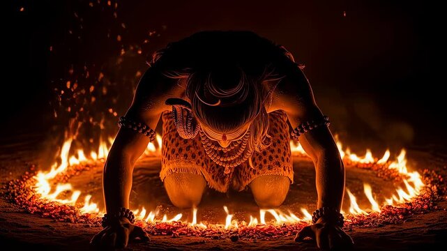 A theyyam performer in kerala, india, is seen kneeling inside a circle of fire, with sparks flying around, during a traditional hindu ritualistic dance performance