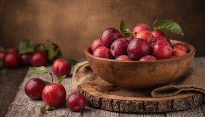 Ripe red plums with water droplets sit in rustic wooden bowl on table. Fresh, seasonal fruit presented with natural texture, vibrant colors, healthy, organic produce perfect for summer harvest themes.