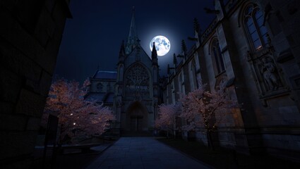 Gothic church at night with full moon in the dark sky landscape