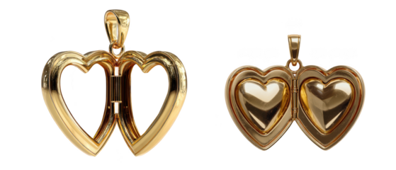Two gold heart lockets, one open and one closed, isolated on transparent background