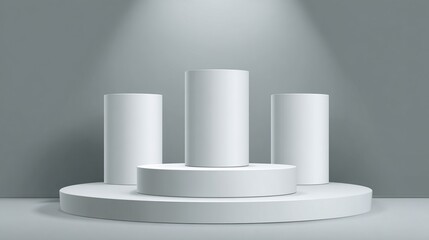 Three white pillars on a stage, spotlighted