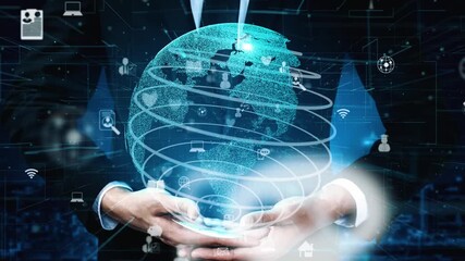 A professional representation of technology integration, showcasing hands holding a digital globe surrounded by social media icons and connections for global interaction. Xenic - Powered by Adobe