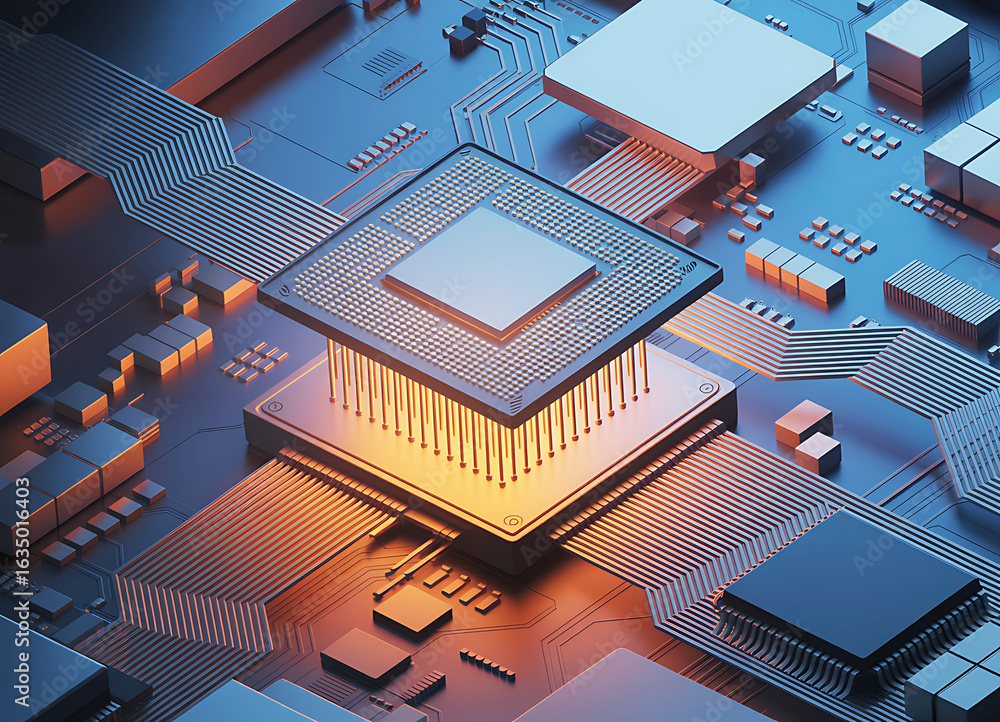 Poster an intricate electronic circuit board with a processor forms the technological heart of a modern sma