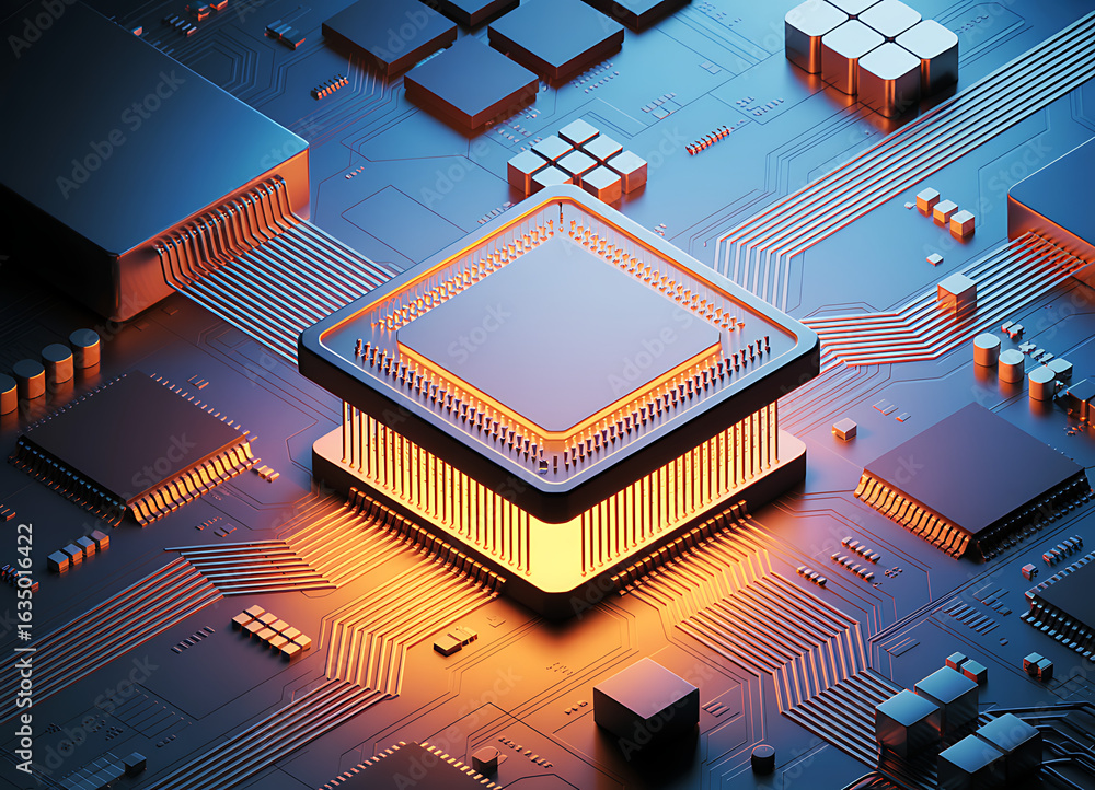 Poster abstract technology circuit board background with 3d isometric house plan, network and data communic