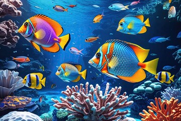 Naklejka premium Colorful Tropical Fish Swimming in a Lively Coral Reef Underwater Environment