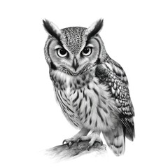 Fototapeta premium Detailed pencil sketch of cute horned owl perched on tree branch. Illustration features intricate feather detail, realistic eyes, rendered in black, white with subtle vignetting. Artwork drawn