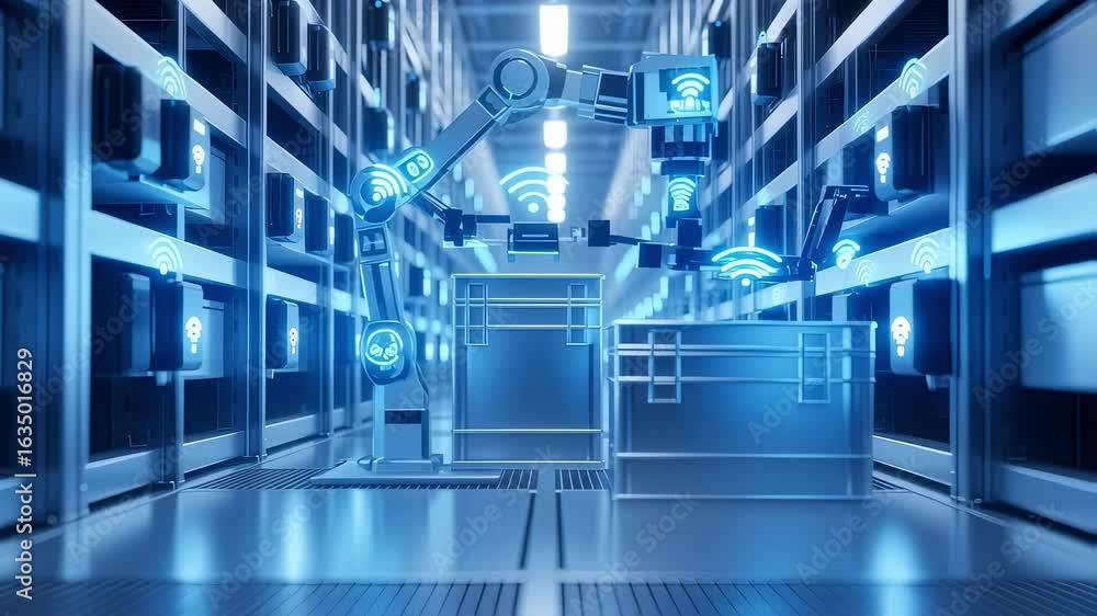 Poster hightech storage facility illuminated with led lighting and connected iot devices.